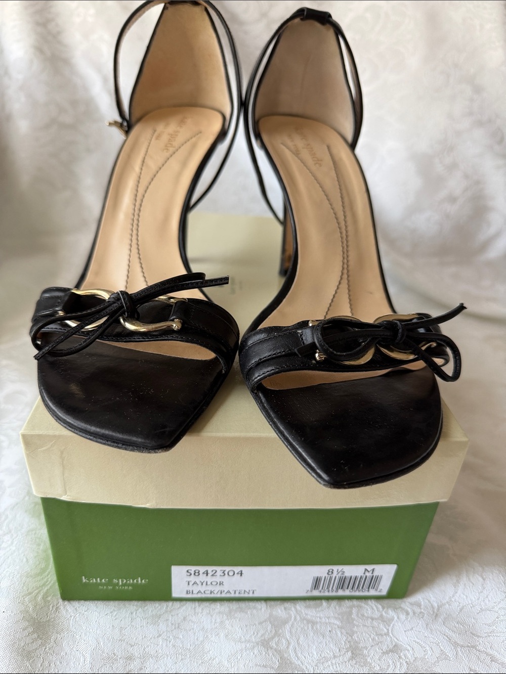 kate spade Black Patent Open-Toe Heels with Bow Accent